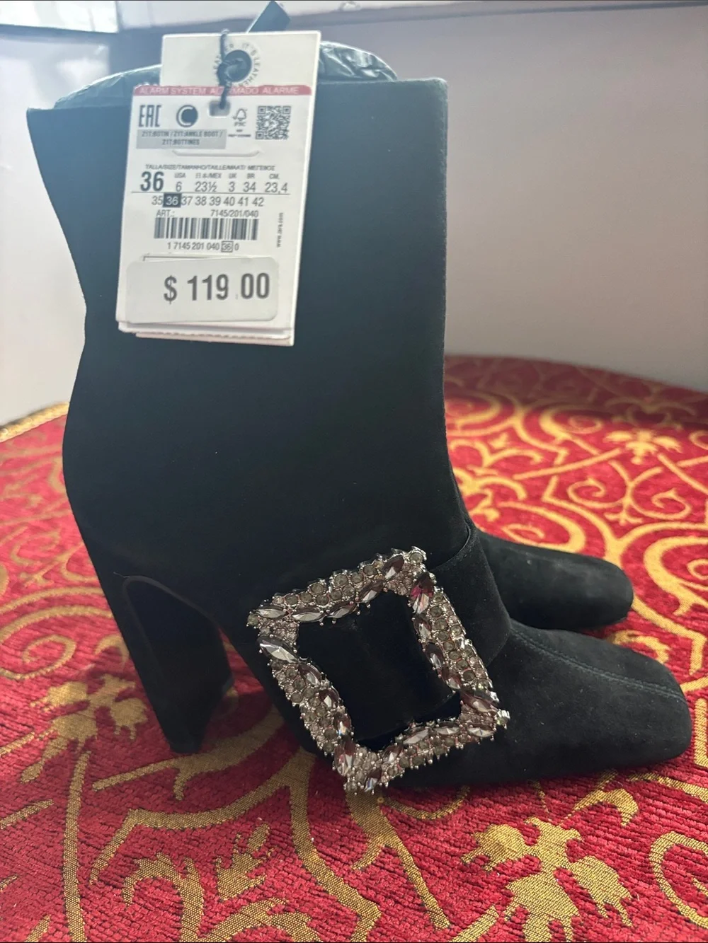 Zara Black Suede Ankle Boots with Crystal Buckle